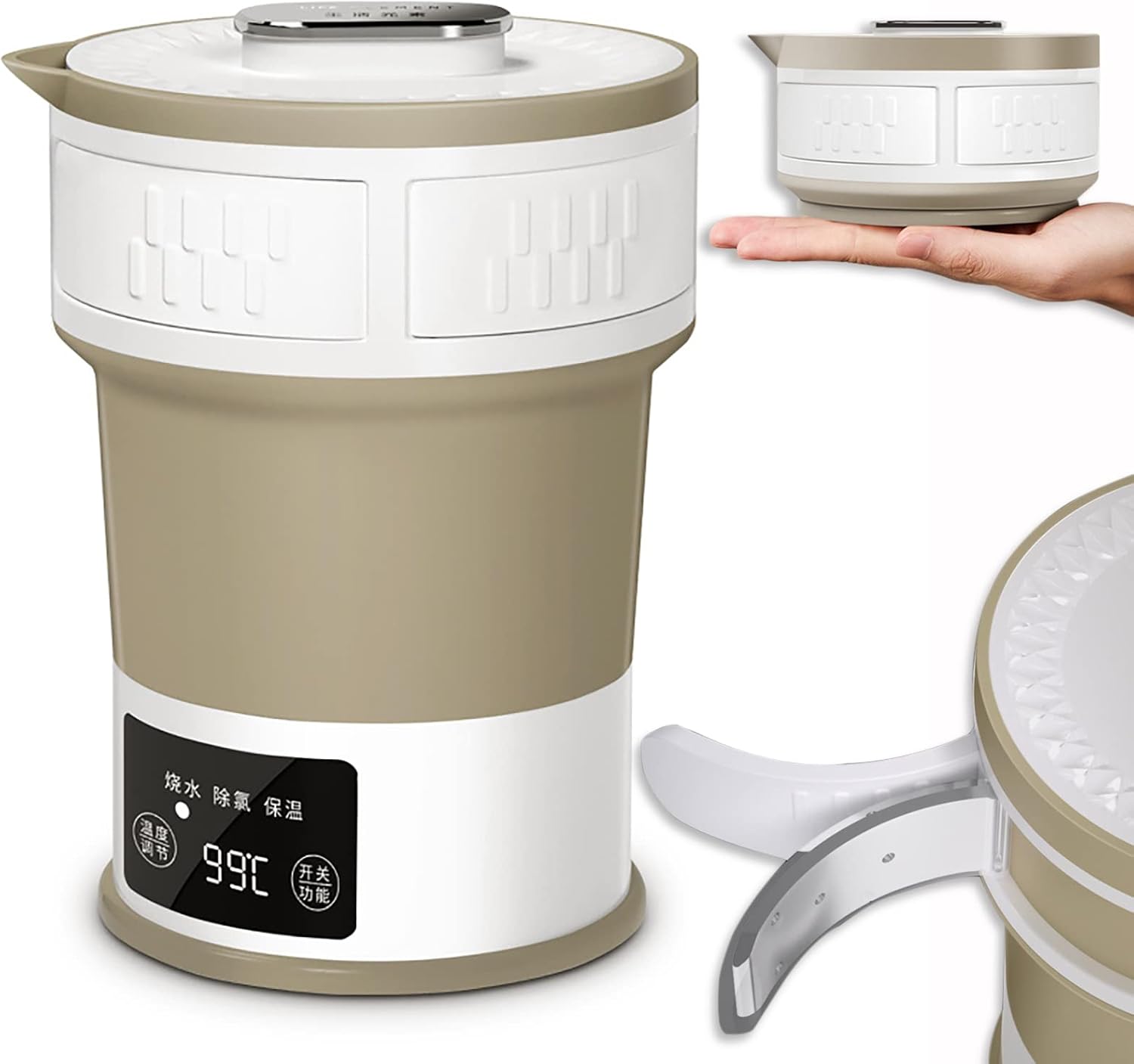 Portable Tea Kettle for Travel and Camping, Foldable Electric Kettle Small and Mini, Stainless Steel Collapsible Kettle with Temperature Control Concealed handle and Folding Cup, Dual Voltage
