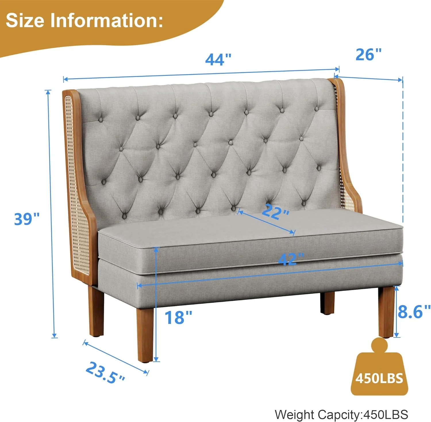 Loveseat Settee Bench with Natural Rattan Arms,Upholstered Modern High-Back Mini Sofa Couch,Banquette Dining Bench for Living Dining Room Bedroom Office Small Space Entryway,Light Grey