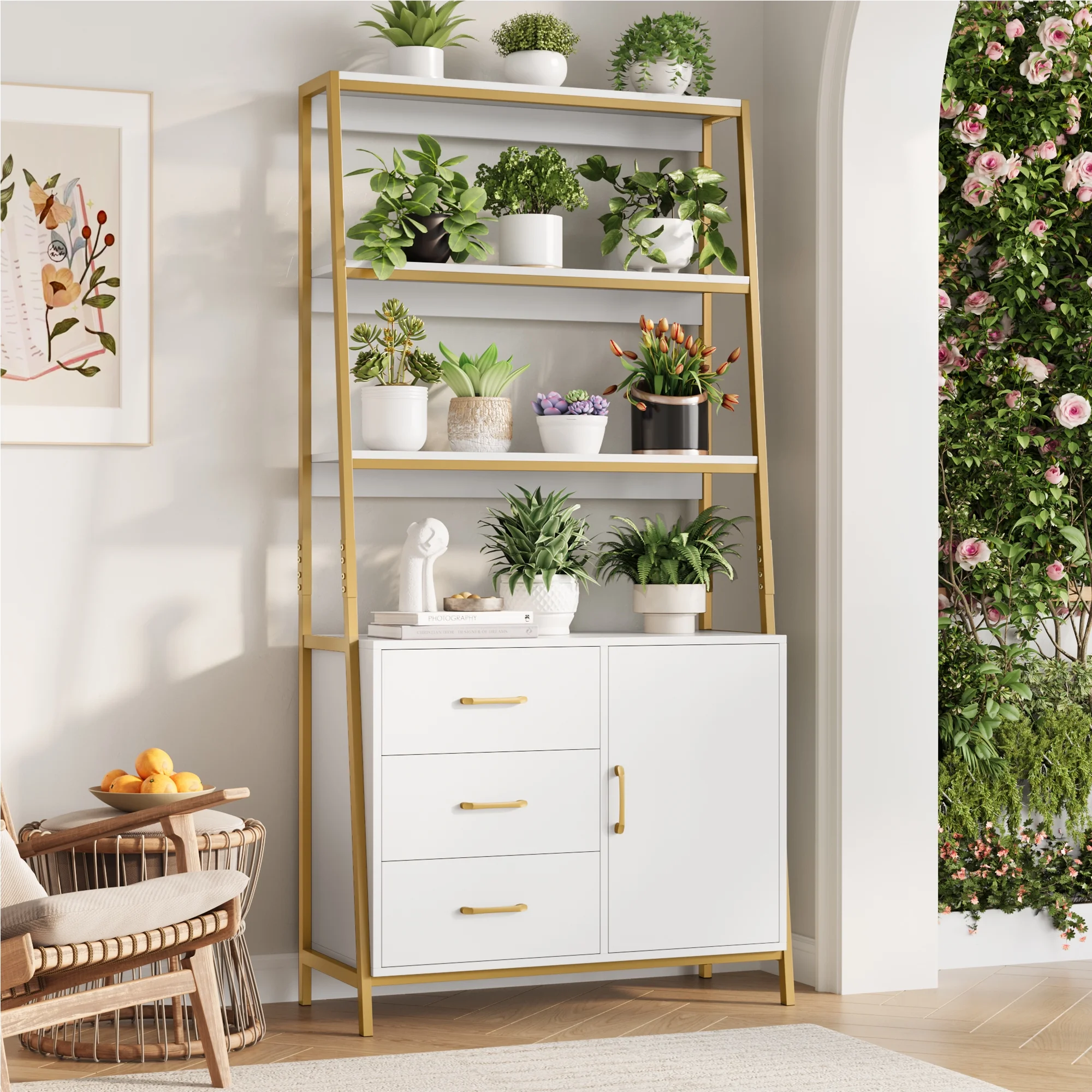 Homfa 3 Tier Display Storage Shelves with 3 Drawers, Gold Metal Frame Bookshelf for Living room, White Finish