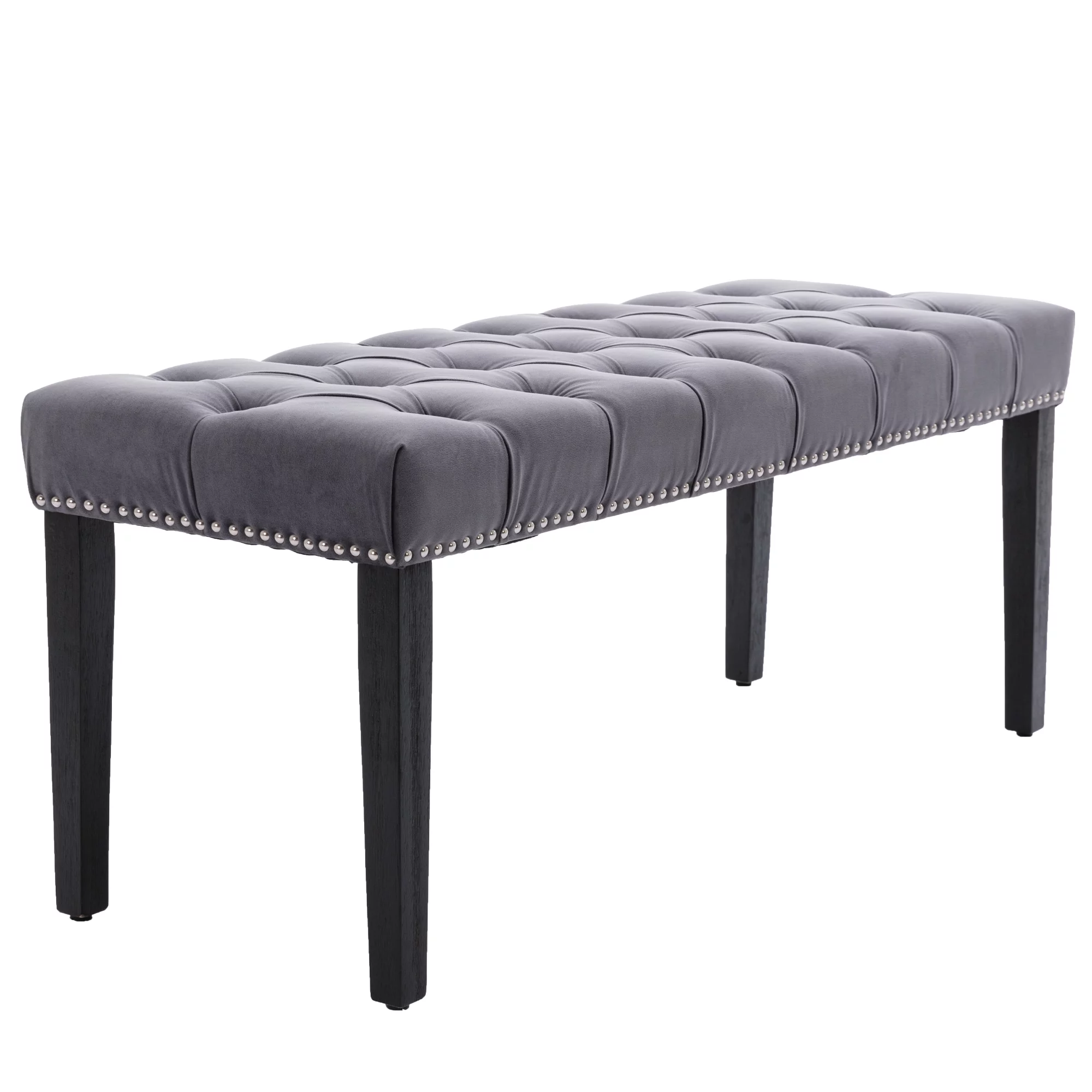 Upholstered Tufted Bench Ottoman, Modern Velvet Ottoman Bench, Button Dining Bench Window Seat for Living Room Bedroom, Fabric Entryway Bench with Wood Legs, Dark gray
