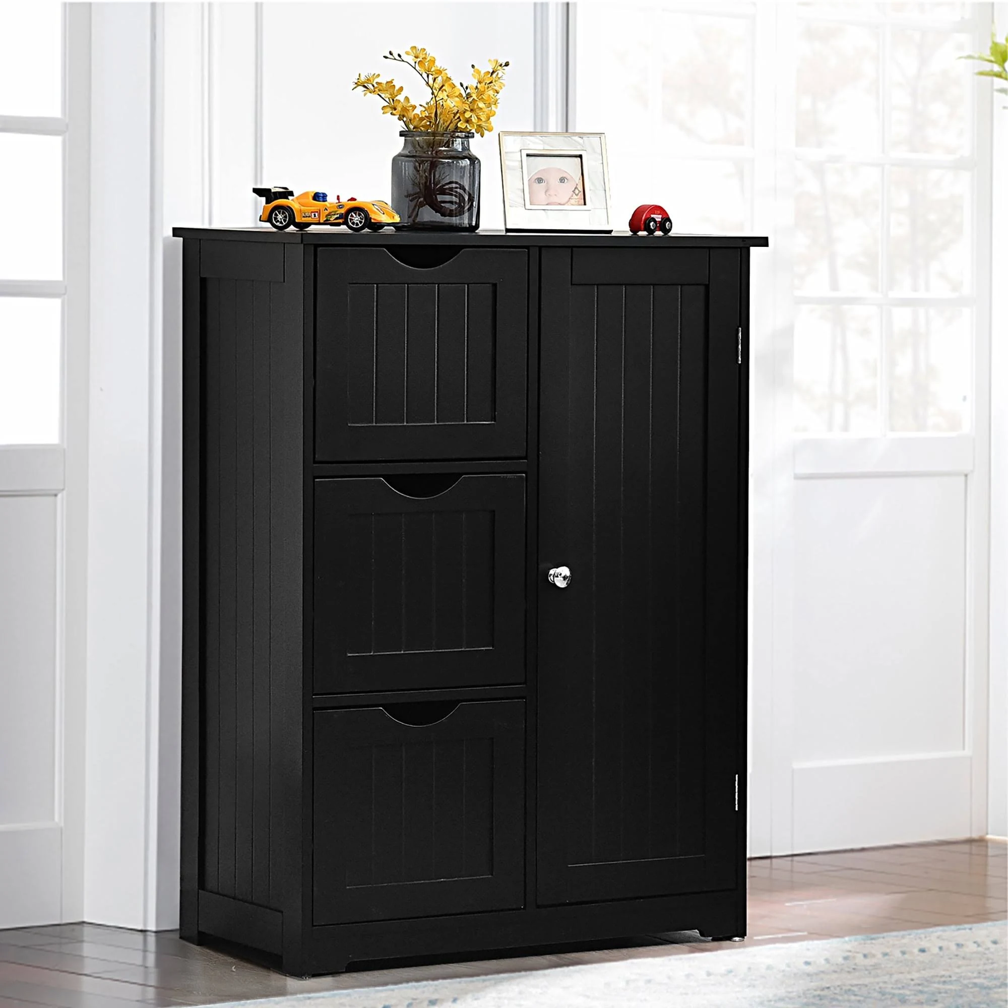 Bathroom Floor Cabinet Wooden with 1 Cupboard and 3 Drawers - Grey