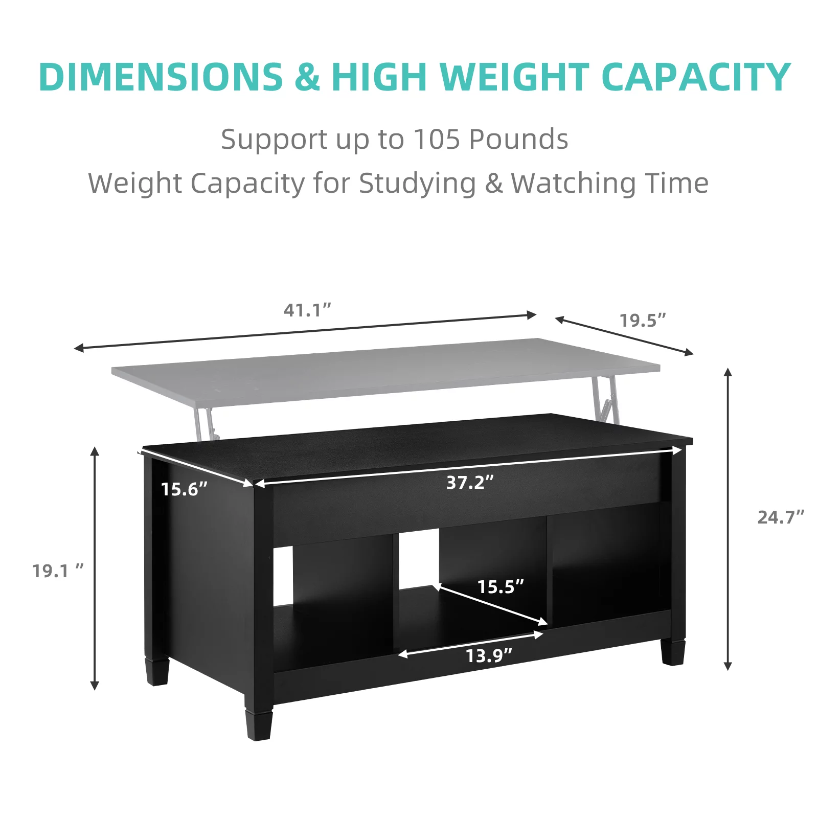 Lift Top Coffee Table, 41" X 19.5" Rising Dining Table w/4” Depth Hidden Storage Compartment & 3 Open Shelves, Coffee Table Lift Top for Reception & Living Room, Office, Small Apartment
