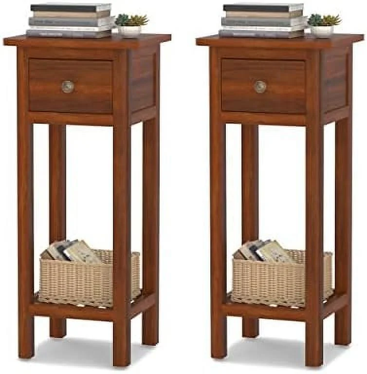 NLIBOOMLife Narrow End Table  Tall Nightstands Set of 2 with Drawer &amp;   Slim Bedside Tables w/Anti-Tipping Device  No Assembly  Wooden Small  for Small Space  Living Room  Bedroom  Na