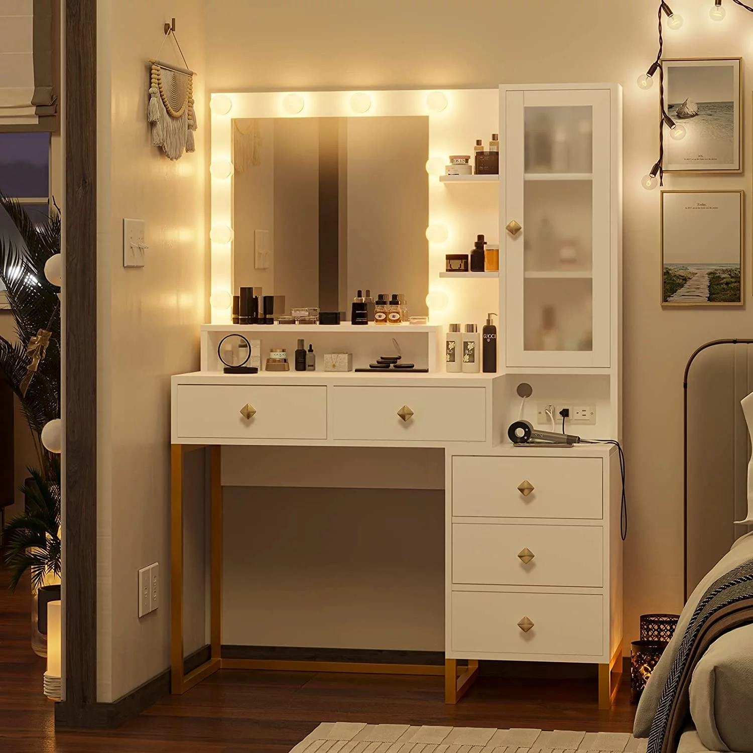 Makeup Vanity with Lights, Vanity Table with Charging Station，Mirror,Makeup Table with with 5 Drawers and Storage Shelves, White