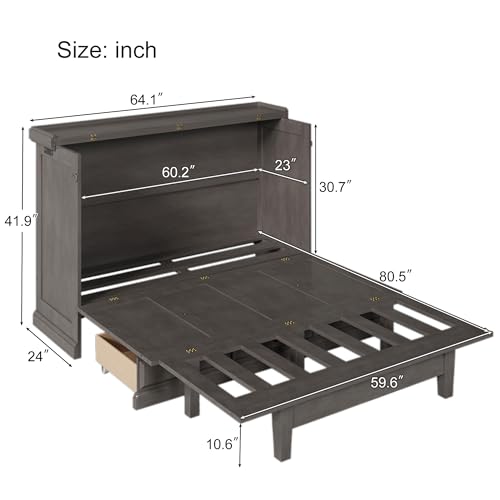 Harper & Bright Designs Queen Size Murphy Bed, Solid Pine Queen Murphy Frame Chest Cube Cabinet Bed with Charging Station and Large Storage Drawer for Home Office or Small Room, Gray