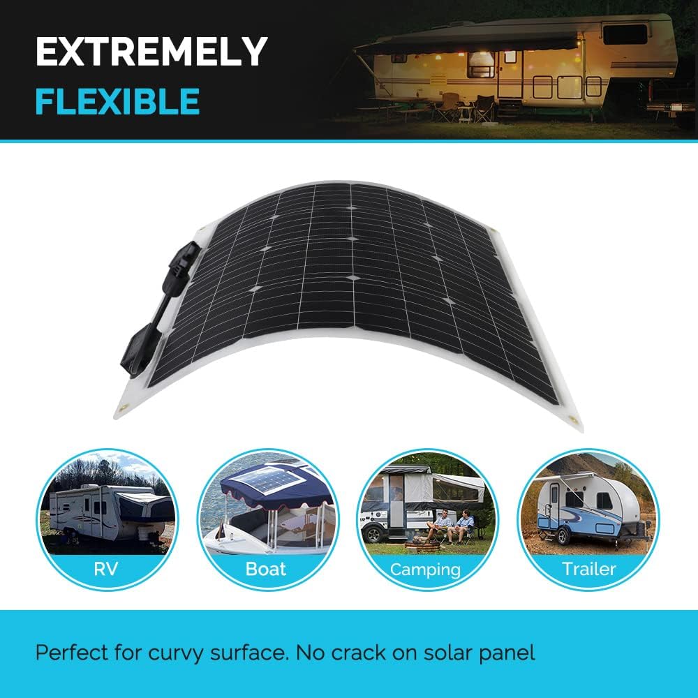 Renogy Flexible Solar Panel 100 Watt 12 Volt Monocrystalline Semi-Flexible Bendable Mono Off-Grid Charger for Marine RV Cabin Van Car Uneven Surfaces