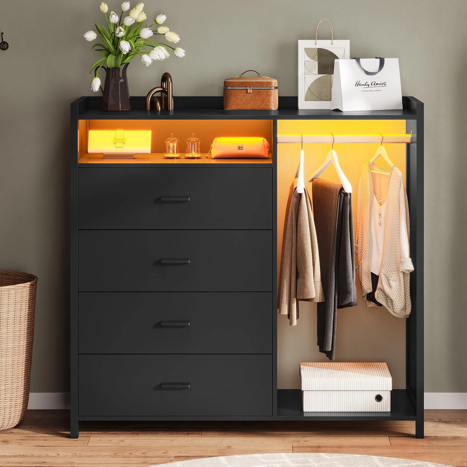 Afuhokles 4 Drawer Dresser for Bedroom with Clothing Rack, Dressers and Chests of Drawers with LED Lights, Modern Long Led Dresser for Bedroom Closet, Black