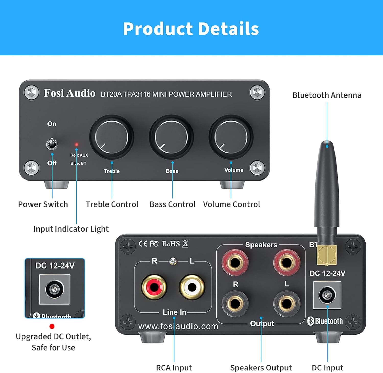 Fosi Audio BT20A Bluetooth 5.0 Stereo Audio 2 Channel Amplifier Receiver Mini Hi-Fi Class D Integrated Amp 2.0 CH for Home Speakers 100W x 2 with Bass and Treble Control TPA3116 (with Power Supply) Pack of 2