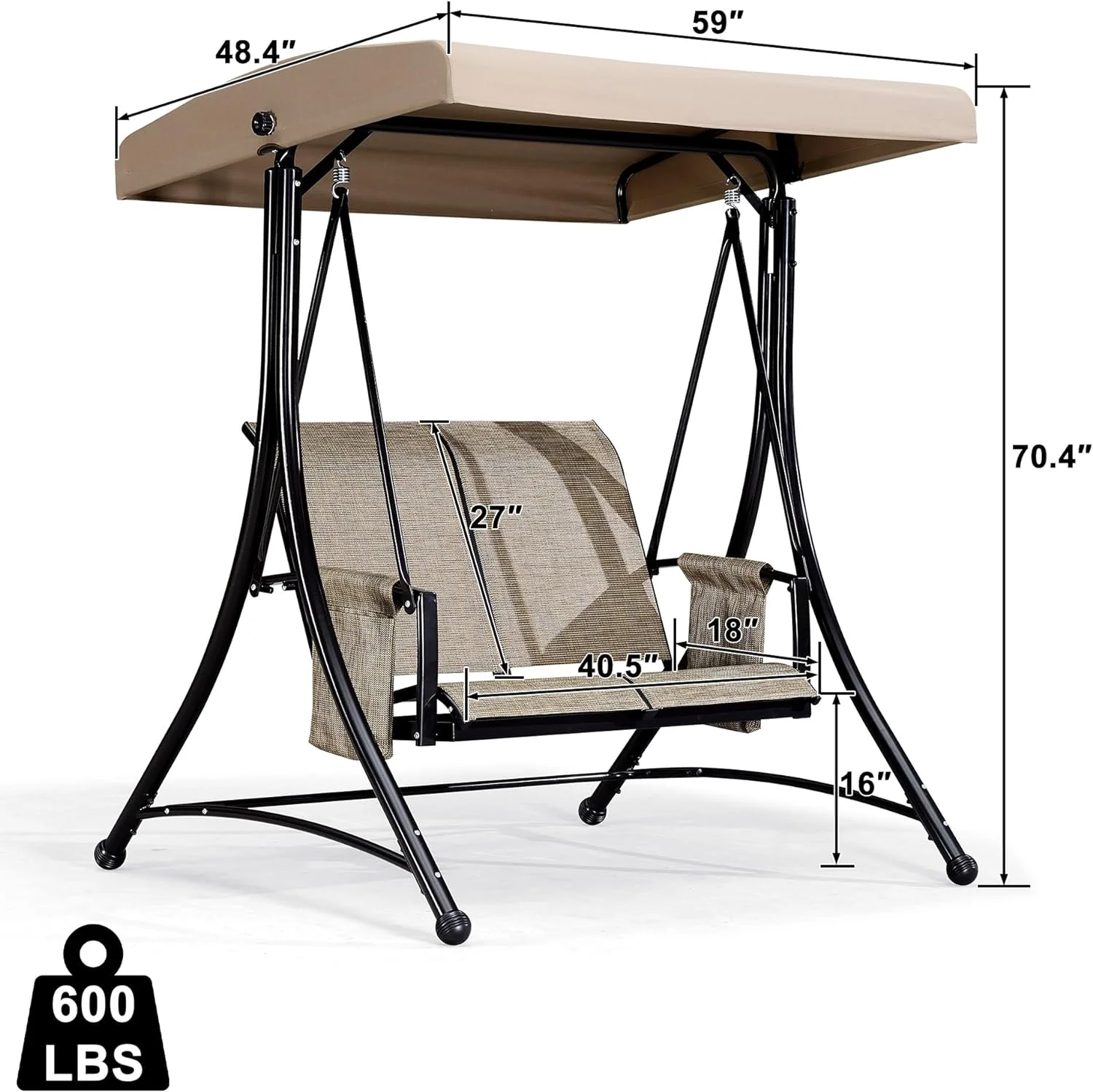 PURPLE LEAF 2-Seat Deluxe Outdoor Patio Porch Swing with Weather Resistant Steel Frame, Adjustable Tilt Canopy, Beige