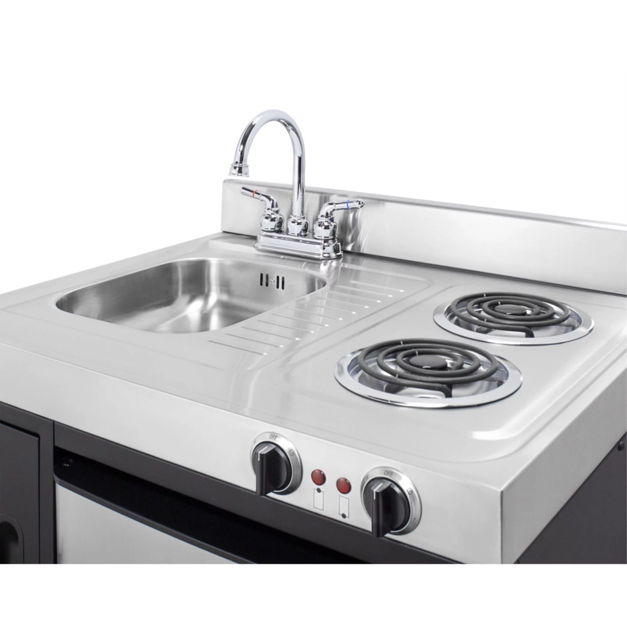 30" wide all-in-one kitchenette with 2-burner 115V coil cooktop, refrigerator-freezer, sink, and storage cabinet