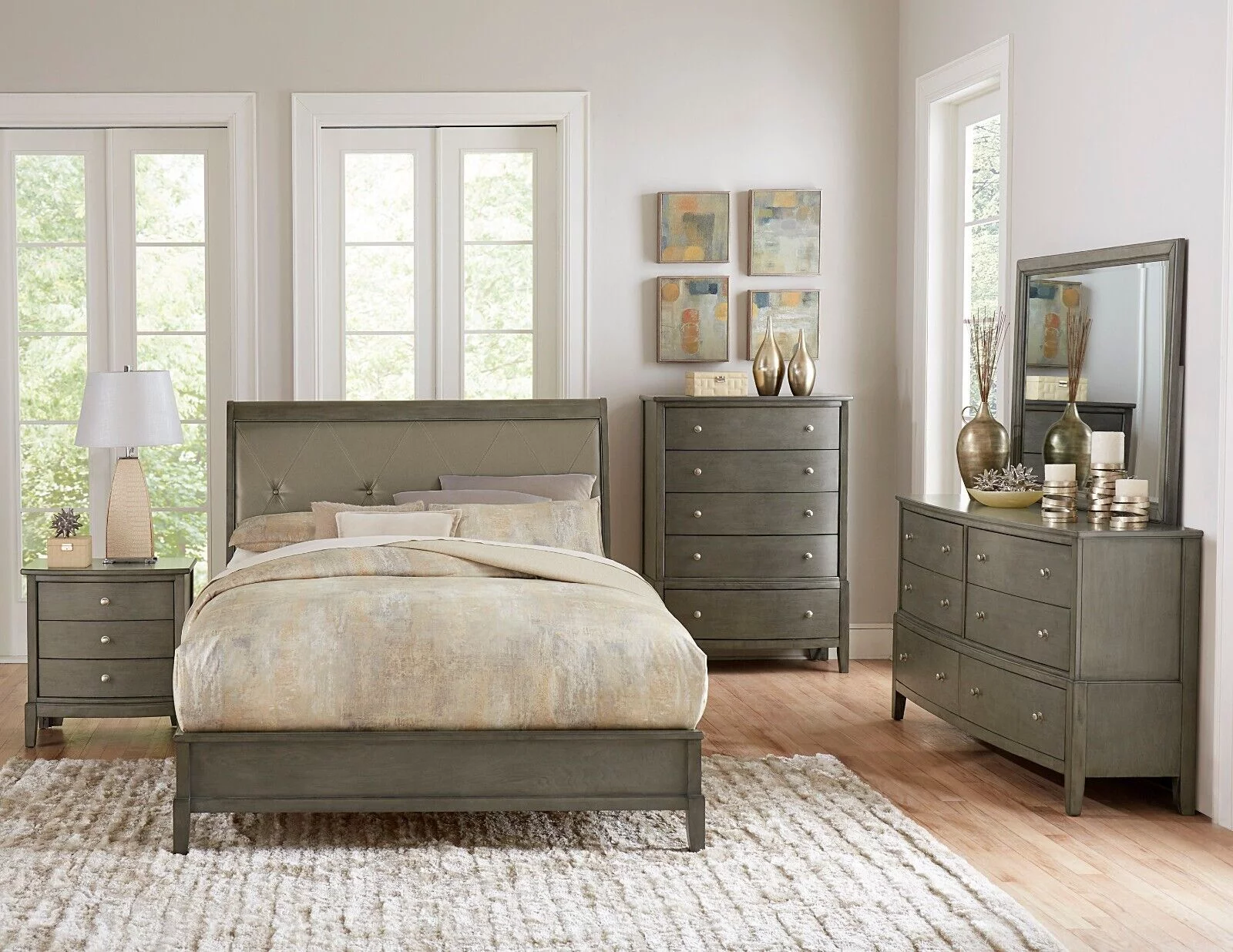 Gray Finish 5pc Wooden Bedroom Furniture Set Cal-King Bed Dresser Mirror Nighstands Set Transitional Style