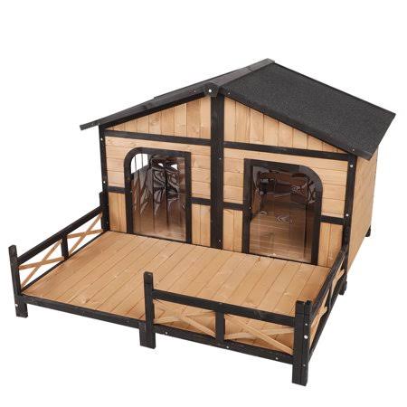 Pawhut Wooden Large Dog House, Perfect for The Porch or Deck and Includes Bottom Slide-Out Tray, 59 inch L, Natural Wood Color,