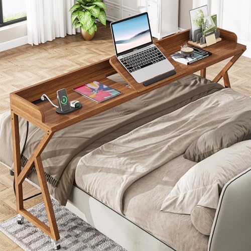 Tribesigns Overbed Table, 70.9" Queen Size Bed Table Over Bed Desk with Adjustable Tilt Board, Mobile Laptop Cart Computer Desk with 2 AC Outlets & 2 USB Ports on Wheels for Home/Hospital