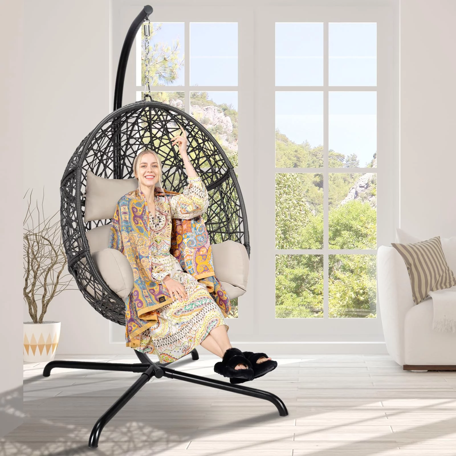 NICESOUL Outdoor Indoor Oversized Black Hanging Swing Nest Egg Chair with Stand and Big Beige Set