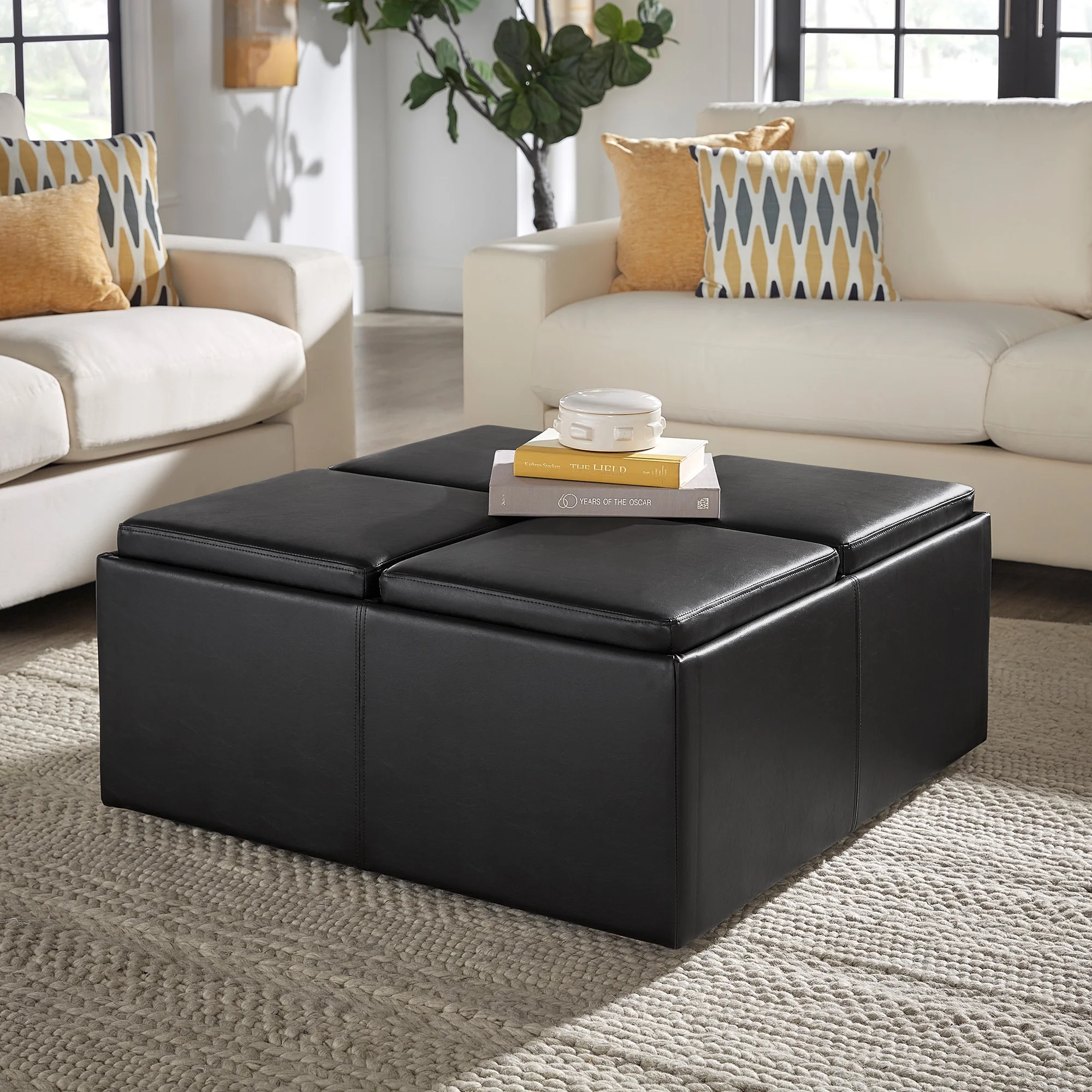 Cocktail Storage Ottoman with 4 Trays, Dark Brown Faux Leather