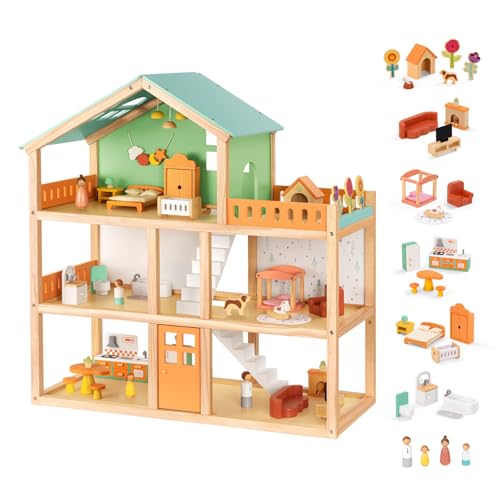 OOOK Large Wooden Dollhouse with 42 Pcs Luxurious Furniture Accessories, 3-Story Doll House 6 Rooms Balcony Wooden Stairs, Ideal Modern Dollhouse for Toddlers 3-5