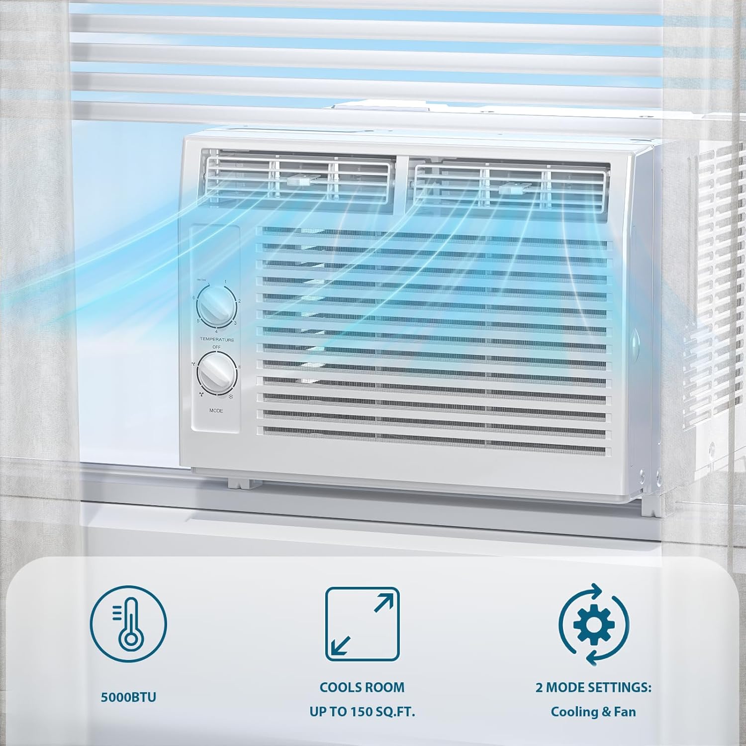 Antarctic Star Window Air Conditioner, 7 Temp Dial, Cools up to 150 Sq.Ft. —2 Modes, Cooling and Fan mode, Full Window View Low Noise Quiet Operation, Adjustable Louvers, White