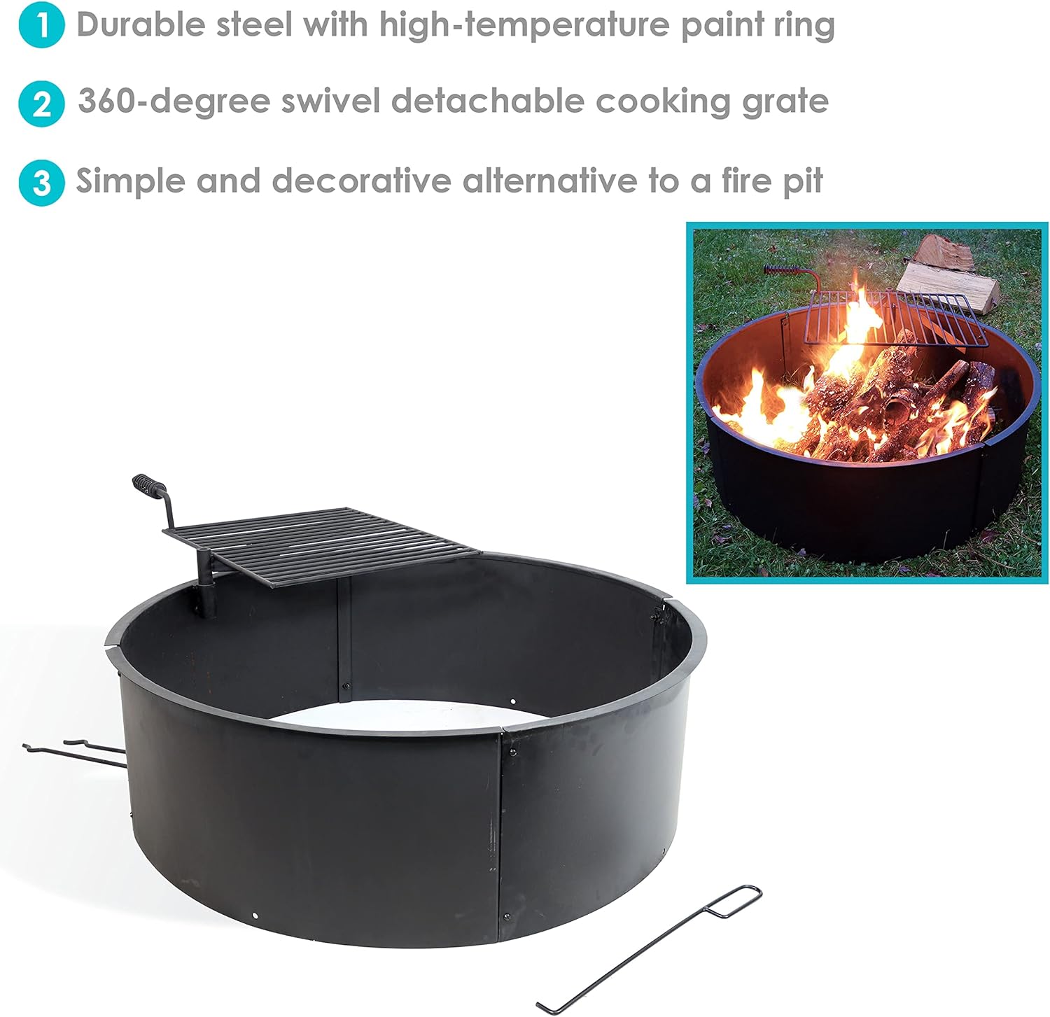 Sunnydaze Wood Burning Fire Pit - Campfire Ring with Cooking Grate and Fire Poker - 36 Inch Outdoor Camping Firepit - Heavy Duty 2mm Thick Steel - BBQ Grill