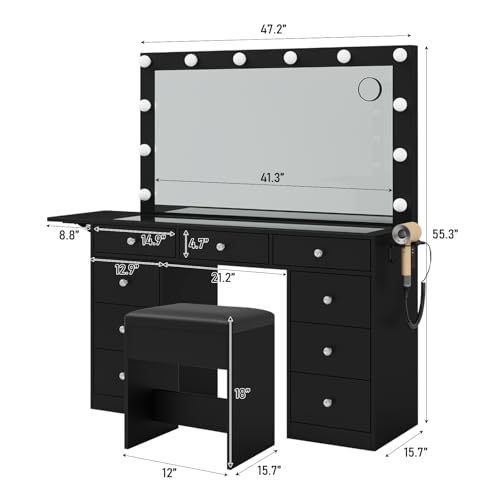 Vanity Desk with Power Outlet, 9 Drawers Makeup Vanity with Mirror and 12 LED Lights, 3 Lighting Modes, Glass Top Vanity Set, Fold-up Panel, Dressing Table for Bedroom