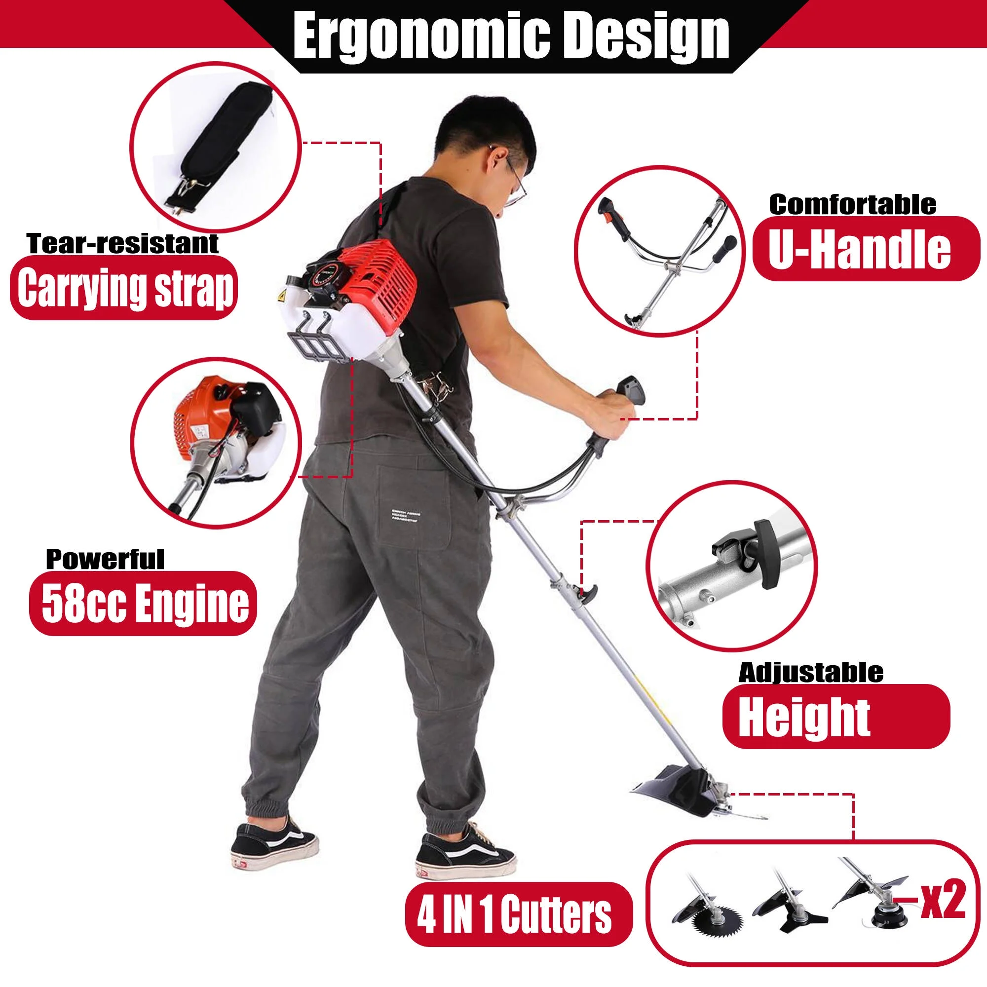 58CC Weed Eaters Gas Powered String Trimmer Straight Shaft Gasoline Powered Weed Trimmer Weedeater Brush Cutter Weed Trimmer for Edgers in Lawn and Garden 4 in 1 Orange