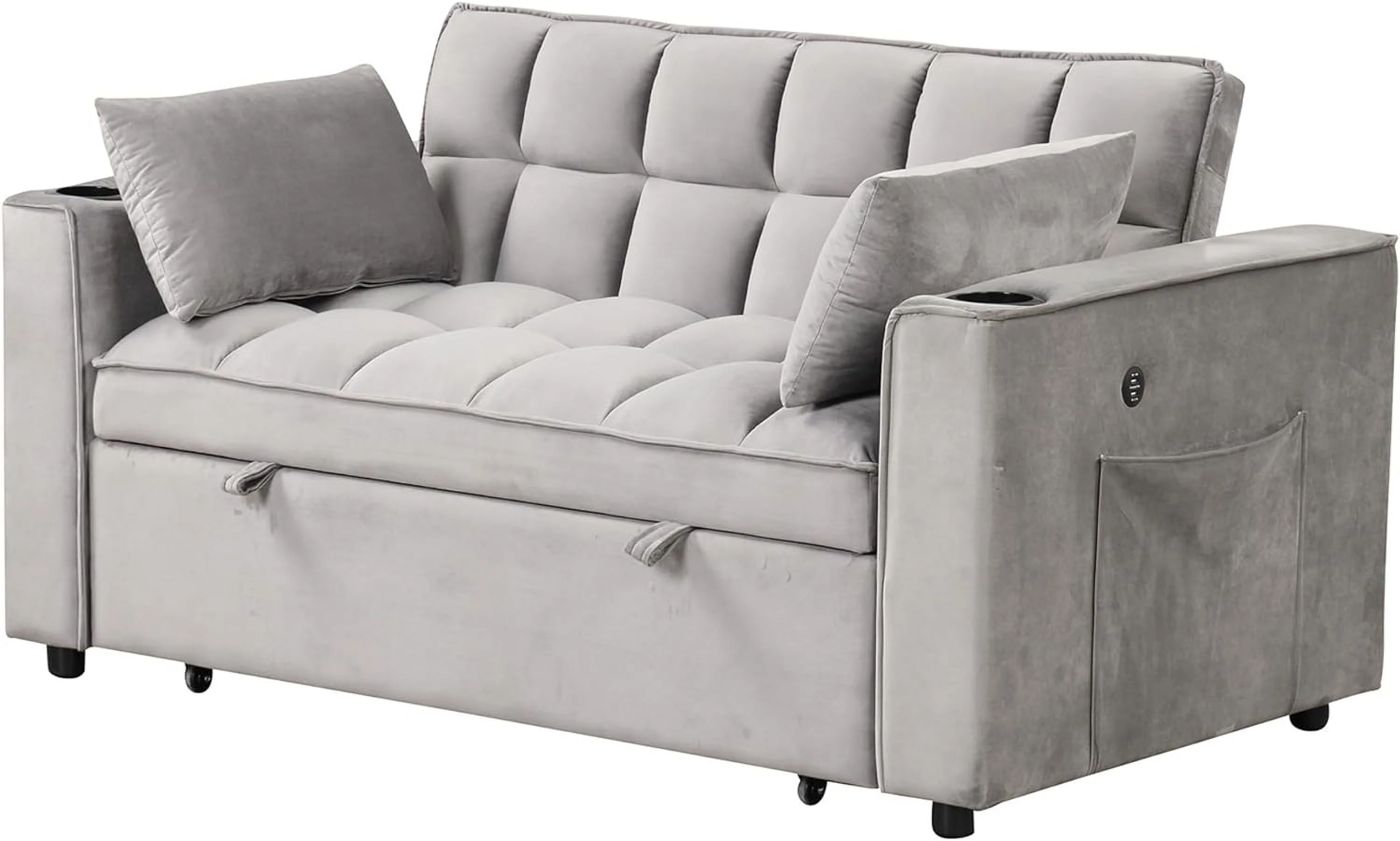 Convertible Sofa Couch With Pull Out Bed, 3-In-1 Multi-Functional Sofa Bed With Cup Holder And USB Port, 2 Seat Loveseat Sleeper Sofa Bed For Small Space, Living Room