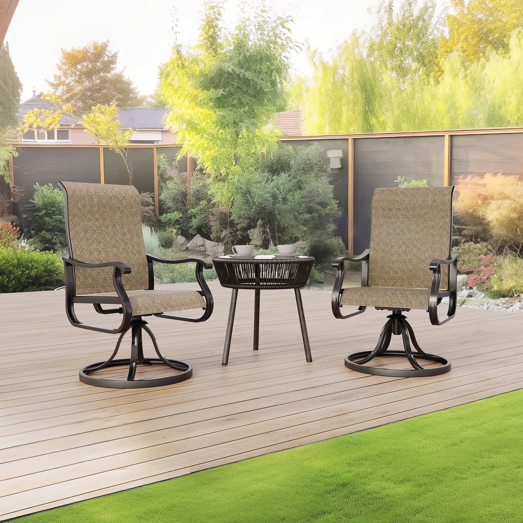 ECOPATIO Patio Swivel Chairs Set of 2, Outdoor Dining Chairs High Back All Weather Breathable Textilene Outdoor Swivel Chairs with Metal Rocking Frame for Lawn Garden Backyard Deck, Khaki