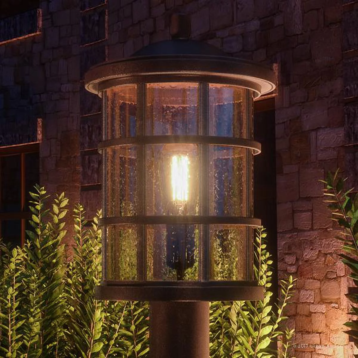 Urban Ambiance Luxury Craftsman Outdoor Post Light, Medium Size: 17.25"H x 10"W, with Tudor Style Elements, Wrought Iron Design, Oil Rubbed Parisian Bronze Finish and Seeded Glass, UQL1047