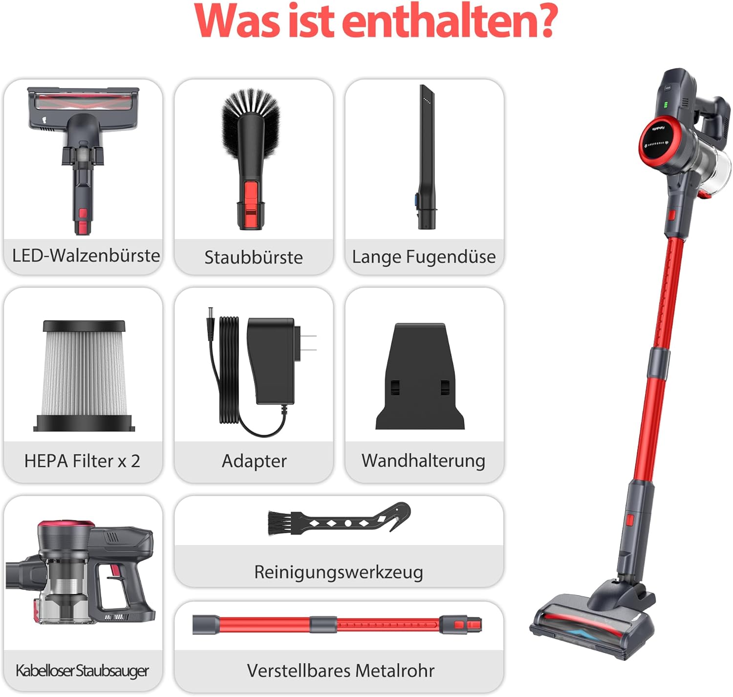 FABULETTA Cordless Vacuum Cleaner 24Kpa Powerful Suction with 45 Min Runtime, 6 in 1 Lightweight Great for Pet Hair & Hard Floor, Led Display, Red