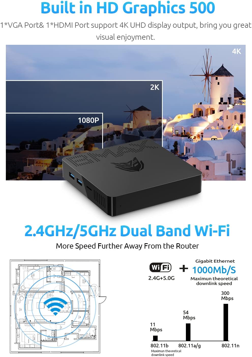Mini PC Mini PC N4000(up to 2.6GHz) 6GB DDR4/ 64GB eMMC Mini Desktop Computer Fanless 2.4G/5G Dual WiFi HDMI+VGA 4K Dual-Screen Display, BT4.2, USB x4