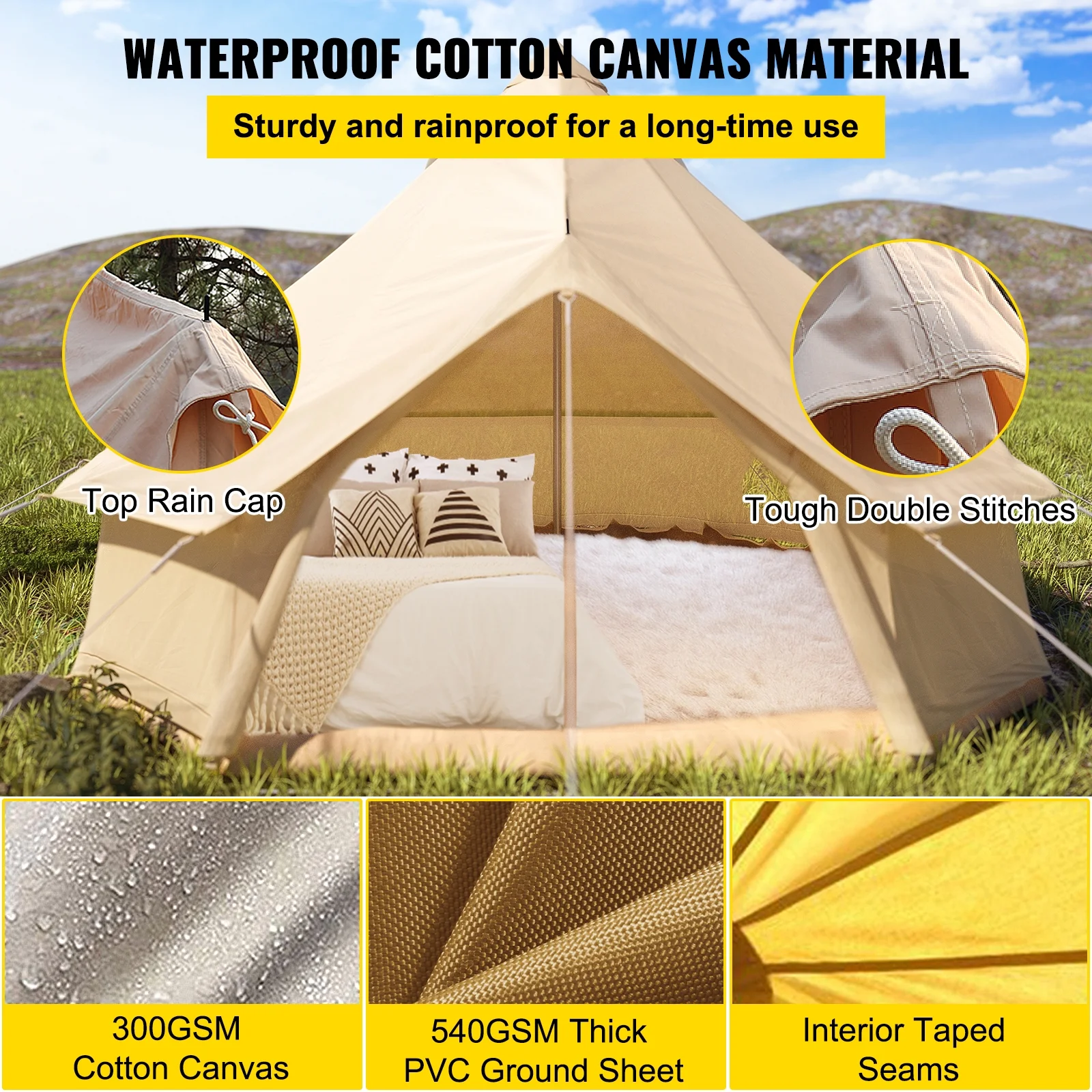 BENTISM 4-Season 8-10 People Large Waterproof Cotton Canvas Bell Tent With Stove for Camping Parties(5M Dia)