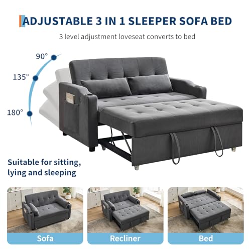 GarveeHome 3 in 1 Convertible Sleeper Sofa Bed, Corduroy Futon Couches with Pull-Out Bed, Adjustable Backrest, Charging Port & Side Pockets, Modern Upholstered Sofa for Living Room, Guest Room