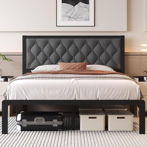 Queen Bed Frame with Headboard PU Leather Upholstered Bed Frame Platform,All Metal Slats Support Platform Bed Frame with Storage Space,Easy Assembly,Noise Free,No Box Spring Needed,Black
