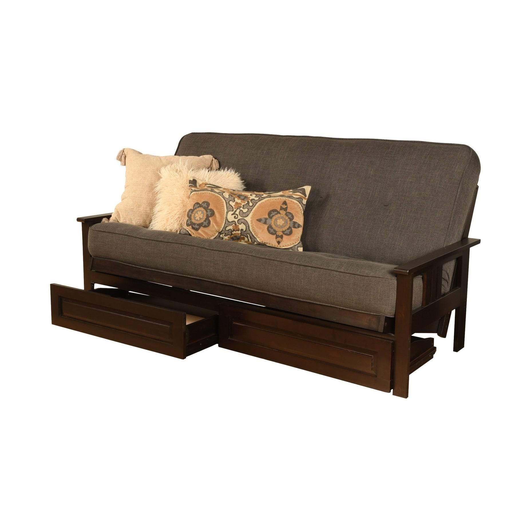 Kodiak Monterey Espresso Finish Full Futon with Linen Charcoal Mattress u0026 Storage Drawers