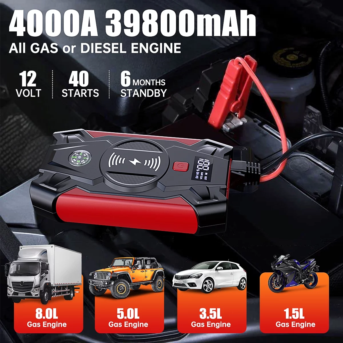 Car Jump Starter w/Wireless Changing, 4000A Peak 39800mAH Battery Jump Starter(Up to 8.0L Gas or 6.5L Diesel), 12V Auto Battery Booster w/ LCD Display & 4 LED Modes, Portable Power Bank Charger&QC 3.0