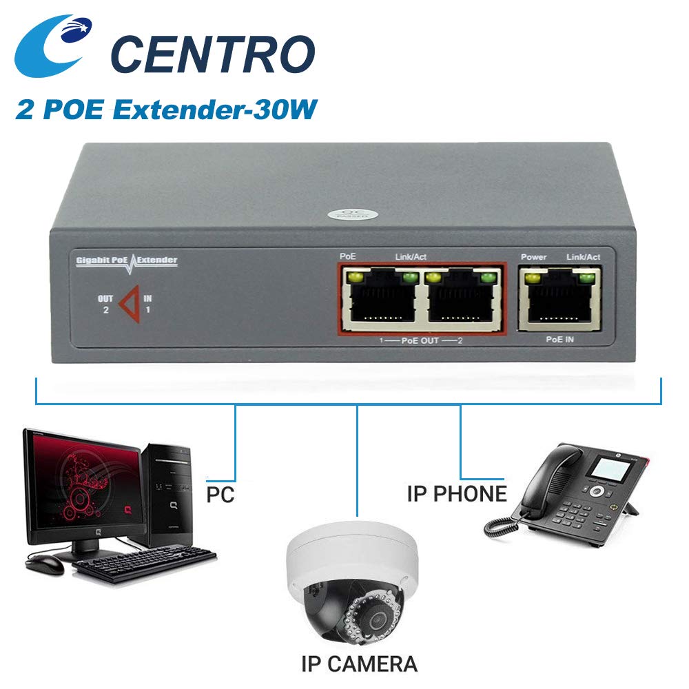 POE Extender Ethernet 2 Port Cat5e/6 Gigabit 30W, CENTROPOWER POE+ Extender Network Repeater Compliant IEEE 802.3af/at for POE Switch/Injector