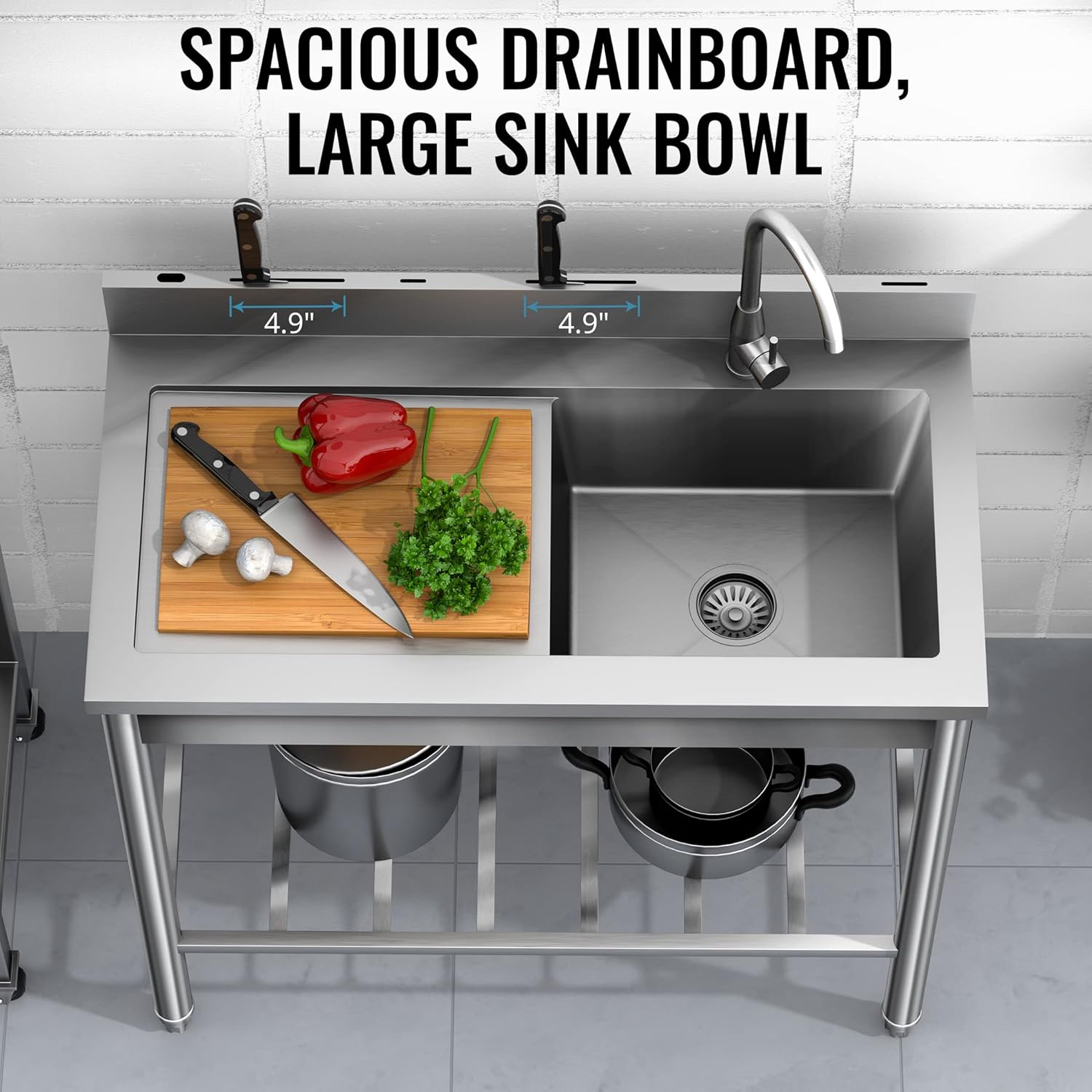 Stainless Steel Sink, Outdoor Utility Sink Free Standing Single Bowl Kitchen Sink with Cold and Hot Water Pipe for Laundry Room Bathroom Farmhouse (39 Inch)