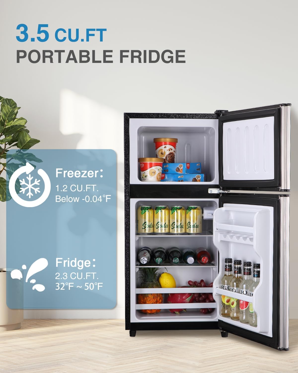 3.5 Cu.Ft Mini Fridge with Freezer, Double Door, Small Refrigerator,7-Level Adjustable Thermostat, Quiet Mini Fridge for Bedroom, Dorm, Office, Apartment Silver