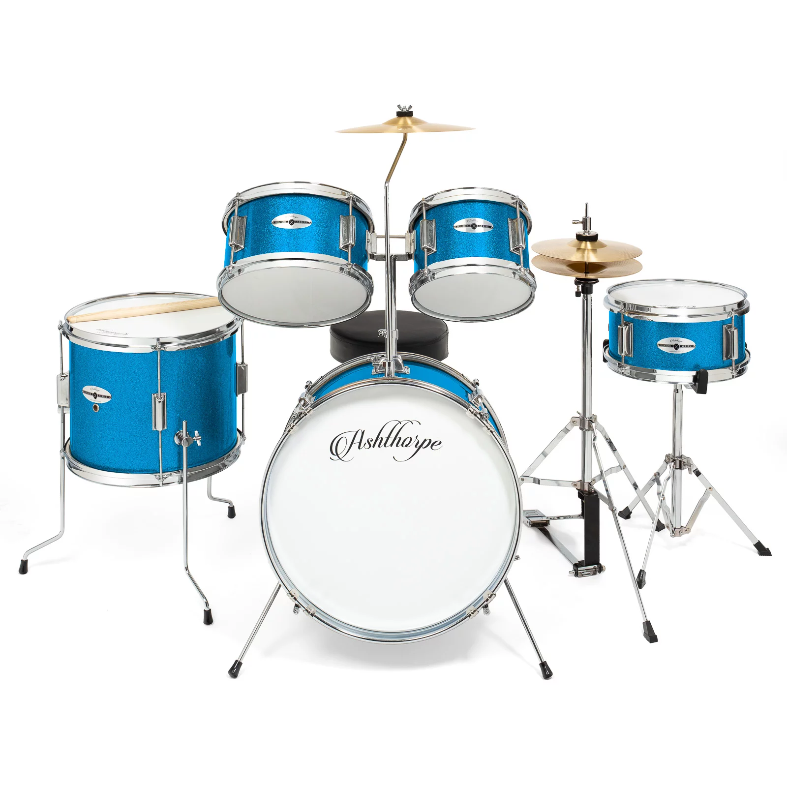 Ashthorpe 5-Piece Complete Junior Drum Set with Genuine Brass Cymbals Advanced Beginner Kit, 16" Bass, Adjustable Throne, Hi-Hats, Pedals and Drumsticks, Blue