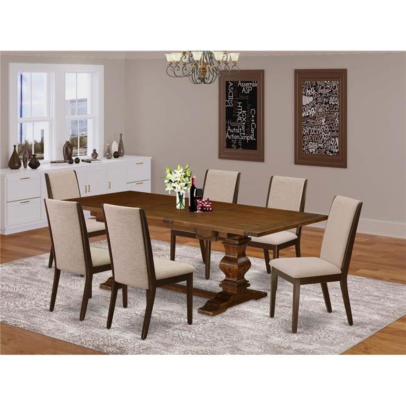 East West Furniture Lassale 7-piece Wood Dining Set in Walnut/Light Tan