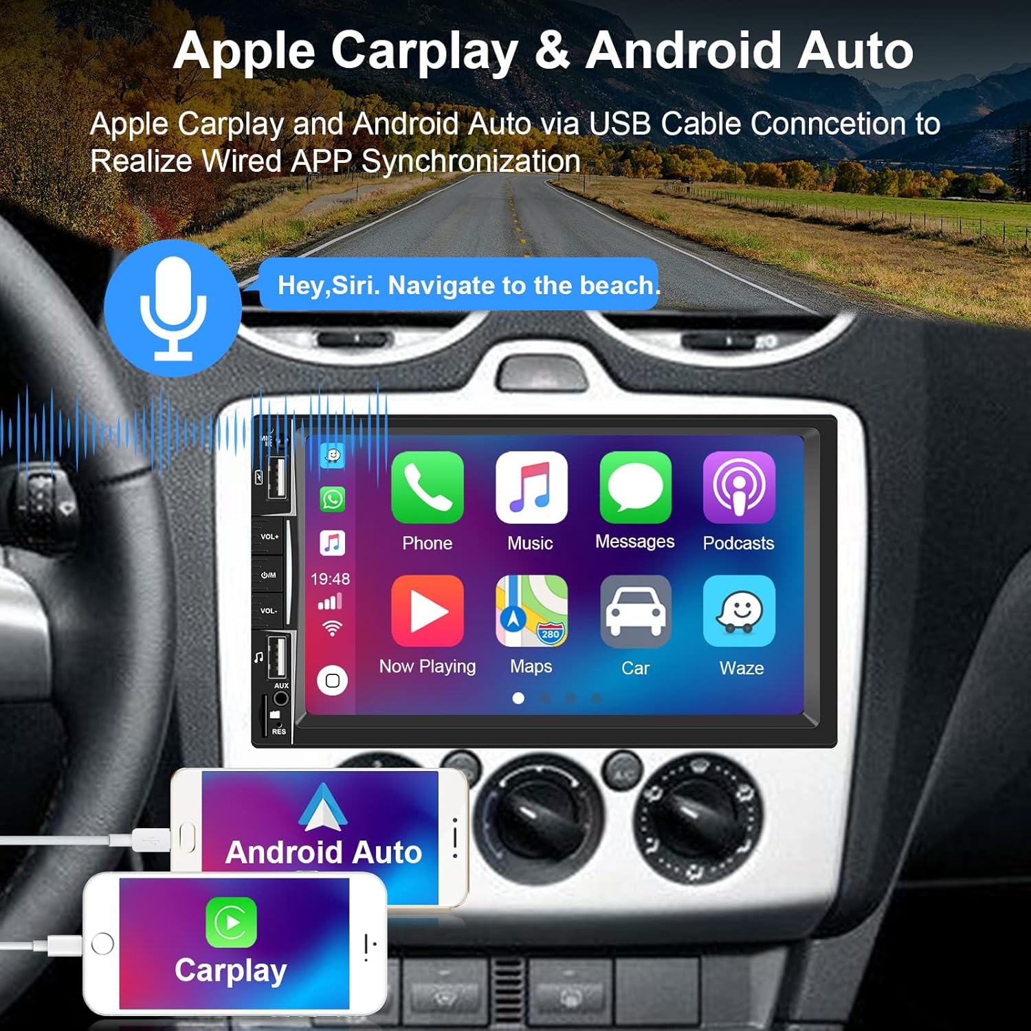 EKAT Double Din Car Stereo Radio Compatible with Caplay and Android Auto, 7 inch Touch Screen Car Multimedia MP5 Player with Bluetooth FM TF AUX-in USB Fast Charge Port SWC + AHD Backup Camera