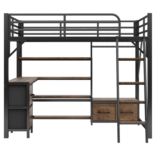 Full Size Loft Bed with Stairs and Storage, Metal Loft Bed Frame with Bedside Shelf and Large Under-Bed Space, Heavy-Duty Bed for Adults Teens and Kids, Black
