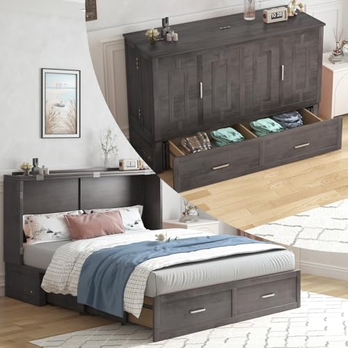 PUREMIND Queen Murphy Bed Cabinet with 2 Storage Drawers, Hideaway Murphy Chest Bed with Mattress, Cabinet Beds Wallbed with USB Charging Station for Bedroom, Guest Room