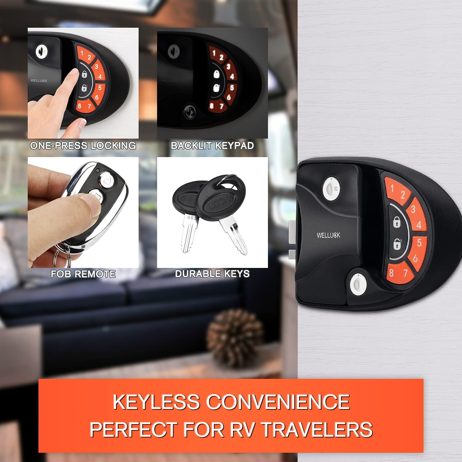 WELLUCK RV Lock Keyless Entry Door Handle Latch, Trailer Camper RV Door Lock Replacement w/ Knob Deadbolt, 2 Key Fobs and Backlit Keypad, Zinc Alloy Security RV/5th Accessories, Silent Mode Available