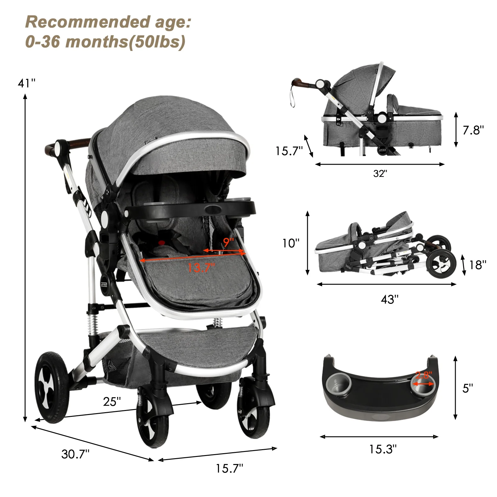 AILEEKISS 3 in 1 Baby Stroller Reversible Newborn Bassinet Stroller & Unisex Infant Carriage, Grey