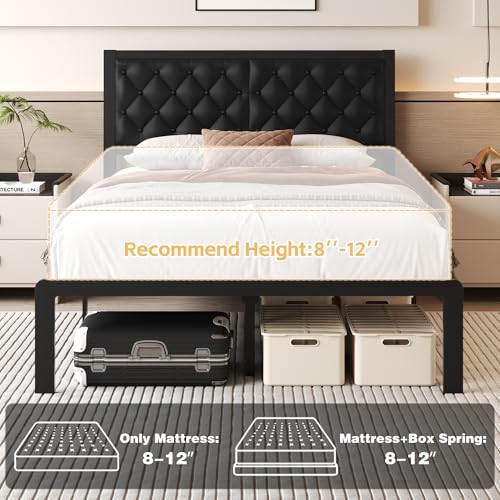 Queen Bed Frame with Headboard PU Leather Upholstered Bed Frame Platform,All Metal Slats Support Platform Bed Frame with Storage Space,Easy Assembly,Noise Free,No Box Spring Needed,Black