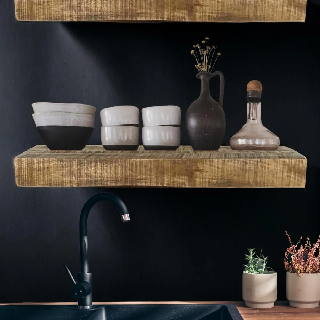 Posh Pollen - Hollow Floating Shelf, Hidden Bracket, Mango Wood, Heavy Duty, Wall Mounted Shelf, 42Wx12D, Light Wash