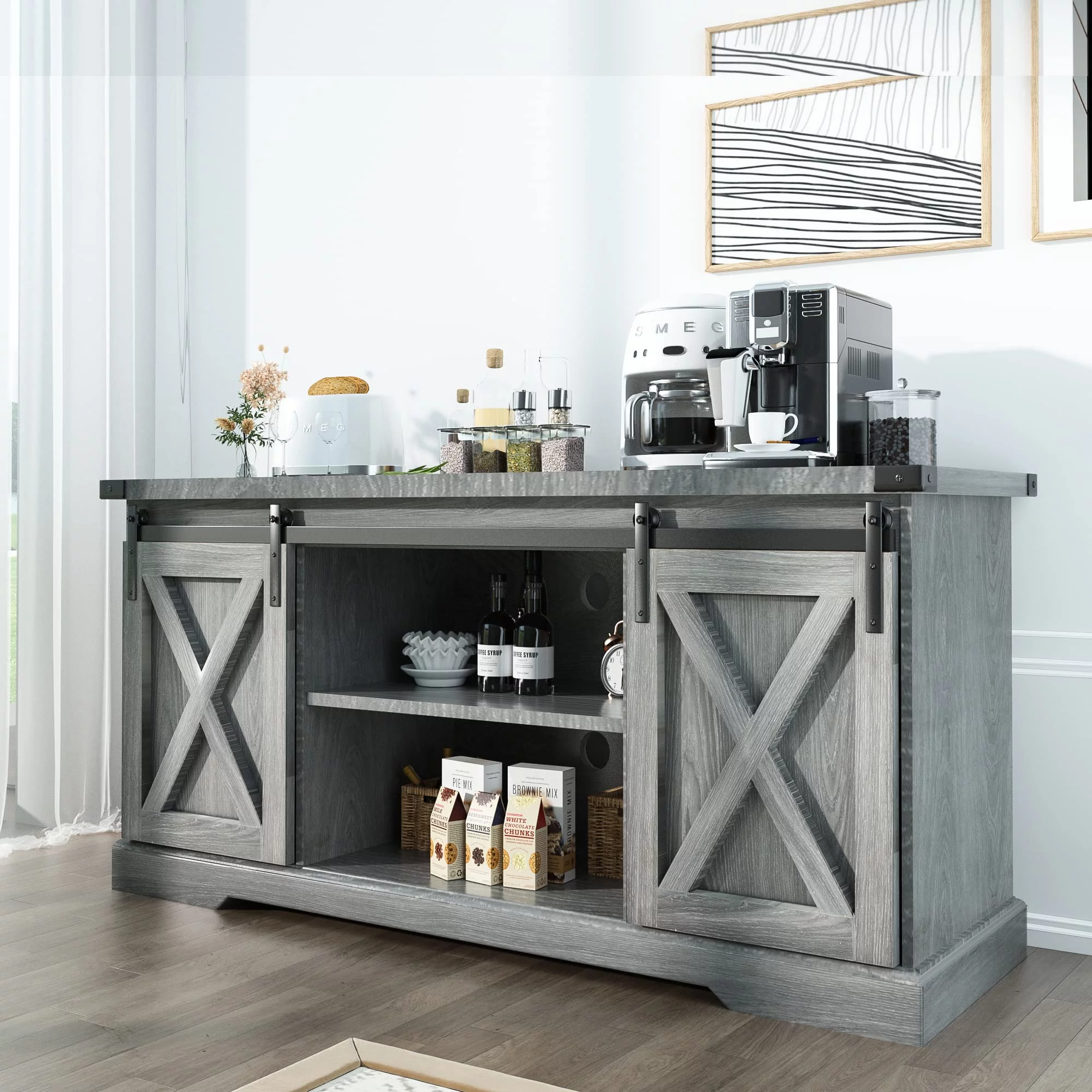 Chvans Farmhouse Barn Door TV Stand for up to 65 TVs /23 Electric Fireplace, Entertainment Center Console Table with Adjustable Shevles(58)