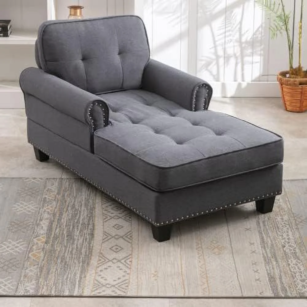 RUNFAYBIU Chaise Lounge Sofa Couch Linen Chaise Sofa Bed Bench with Tufted Back  Mid-Century Sleeper Sofa Chair Bed for Small Place/Apartment/Living Room/Office/Studio (Dark Gray)