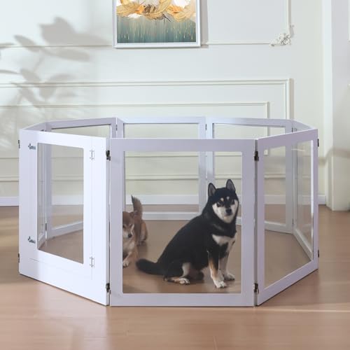 Heavy Duty Clear Acrylic Dog Playpen, Transparent Pet Pen, Metal Frame Easy Assemble Kennel Enclosure, Ideal for Small to Medium Dogs, Cats, and Other Small Pets (White, 6 Panels with Door)