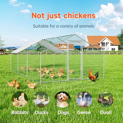 Large Metal Chicken Coop, Chicken Run Poultry Cage Hen with Water-Resident and Anti-UV Cover for Duck Rabbit House Outdoor Walk-in Chicken Pen for Yard, Dome Roof(10’ W x 19.7’ L x 6.4’ H)